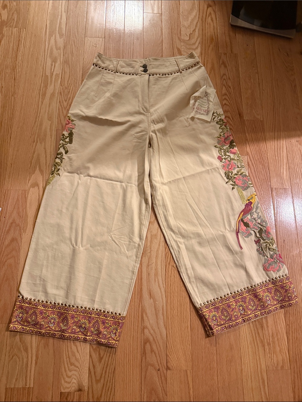 Embroidered Wide-Leg Pants in Cream with Floral Trim